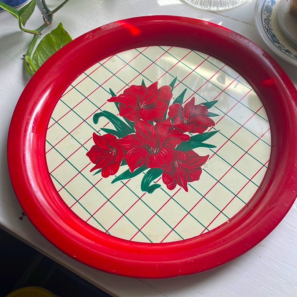 Vintage Red Plaid Christmas Poinsettia Metal Serving Tray